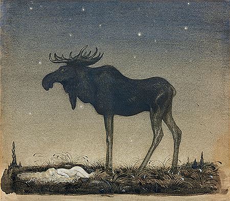 "Now it's already half-foamy night, some little stars twinkle" or "The Princess' guardian (Moose bull Skutt and little princess Tuvstarr)"