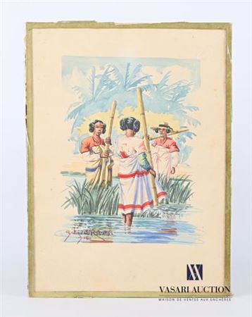 Young girls carrying water in bamboo stems by Gilbert Rakoto - Auction record, sale price, and art valuation. Compare with similar artists and explore comparable artworks.