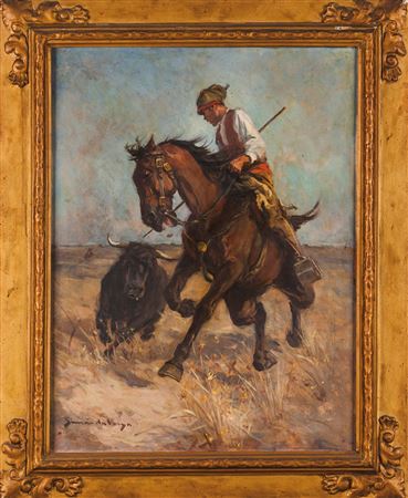 A cattle herder on horseback and bull