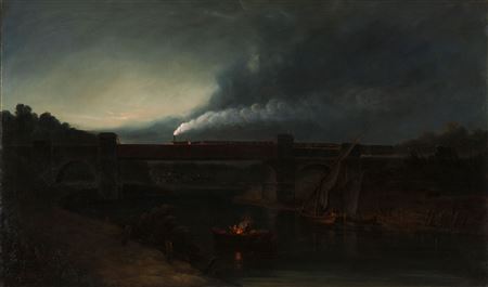 A night scene with bridge and train