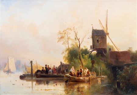 A joyous company on the river near the windmill