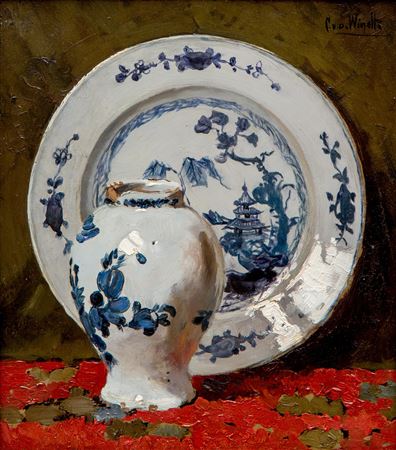 A still life with a Chinese plate and a Delft blue vase
