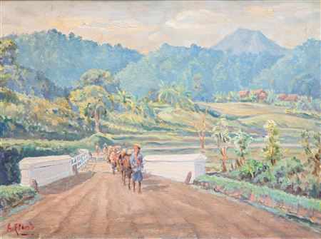 An Indonesian mountain valley with farmers and their cattle on a bridge