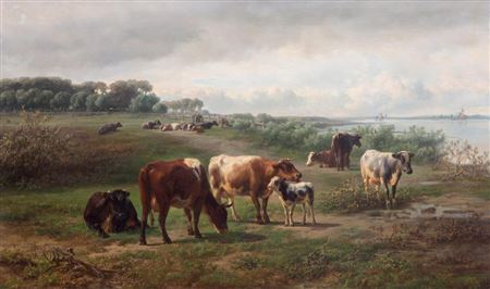 Cows in a pasture, possibly along the Rhine in Gelderland by Jan Bedys Tom - Auction record, sale price, and art valuation. Compare with similar artists and explore comparable artworks.