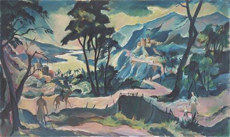 Mountain landscape with river and castles. 1920