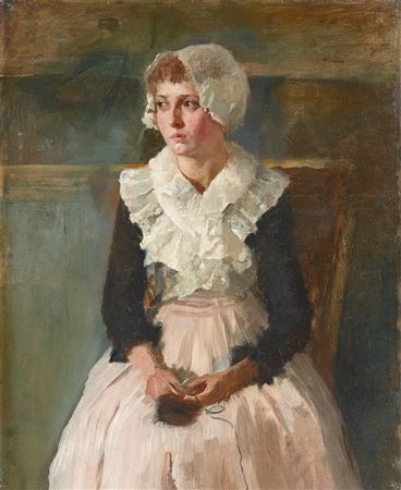 PORTRAIT OF THE ARTIST´S WIFE CLAIRE BANTZER IN DUTCH COSTUME. CIRCA 1885