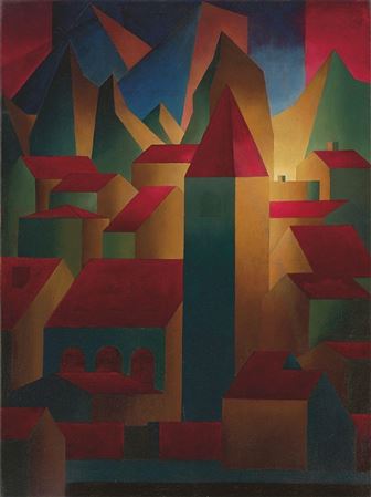 Houses, tower and mountains. 1919/20