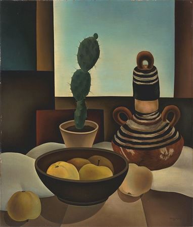 Still life with clay pot, cactus and apples. 1927
