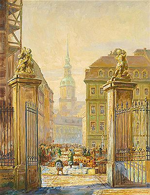Pottery market on the Neumarkt in Dresden. by Karl Hubschmann - Auction record, sale price, and art valuation. Compare with similar artists and explore comparable artworks.