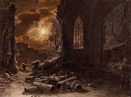 Winter full moon night over the ruins of a Gothic chapel.