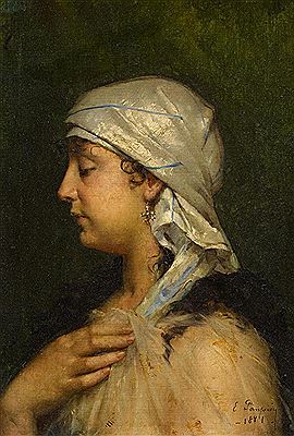 Young lady with a headscarf in profile.