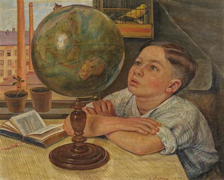 "Das große Wunder". Interior with boy in front of a globe.