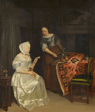 Lady Reading a Letter. Interior with reading lady and maid.