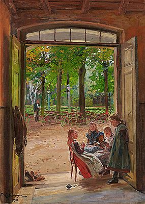 Group of Girls in the Entrance to the Beer Garden.