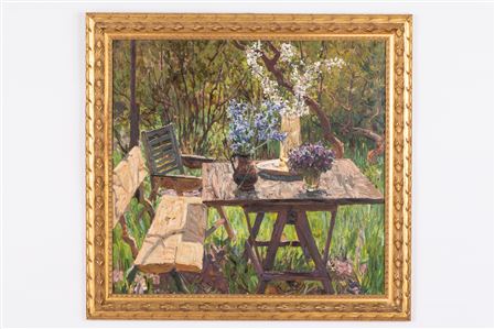Table with flowers in the garden by Piotr Stolerenko - Auction record, sale price, and art valuation. Compare with similar artists and explore comparable artworks.