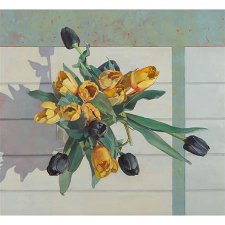 Yellow and black silk tulips from Holland