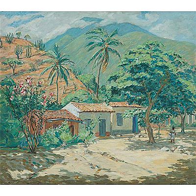 SUNNY VILLAGE HOUSES WITH YOUNG GIRL IN THE SHADE, 1942 by Carlos Otero - Auction record, sale price, and art valuation. Compare with similar artists and explore comparable artworks.