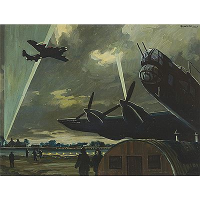 HALIFAX BOMBERS RETURN TO TOP CLIFFE AIRFIELD AFTER RAID ON BERLIN, 1943 by Adolphus George Broomfield - Auction record, sale price, and art valuation. Compare with similar artists and explore comparable artworks.