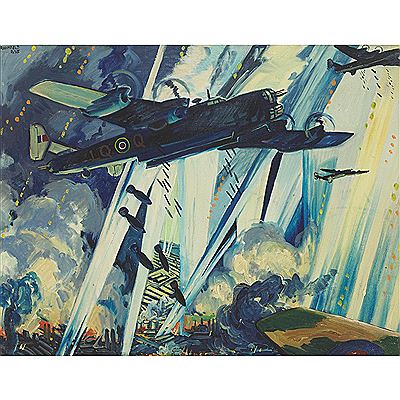 GERMAN SEARCHLIGHT CONES, RCAF BOMBERS, HALIFAX, 6TH GROUP, YORKSHIRE, ENGLAND, 1943 by Adolphus George Broomfield - Auction record, sale price, and art valuation. Compare with similar artists and explore comparable artworks.