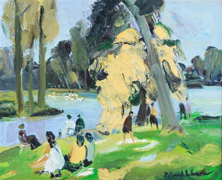 "Au Bois de Boulogne" depicting figures at a lakeside park