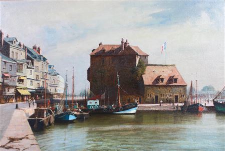 "Lieutenace, Honfleur, Normandy" depicting boats in a French harbor