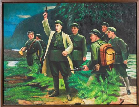 Kim Il Sung leading a troupe of soldiers