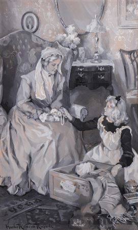 Illustration painting depicting a young girl and grandmother