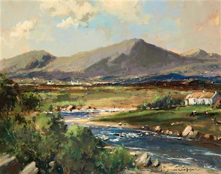 RIVER SCENE WITH COTTAGES AND MOUNTAINS IN THE DISTANCE