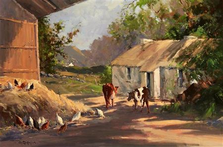 FARMYARD SCENE WITH CATTLE AND HENS