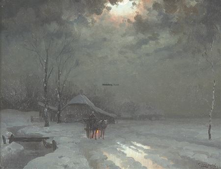 Nächtliche Winterlandschaft mit Pferdefuhrwerk
