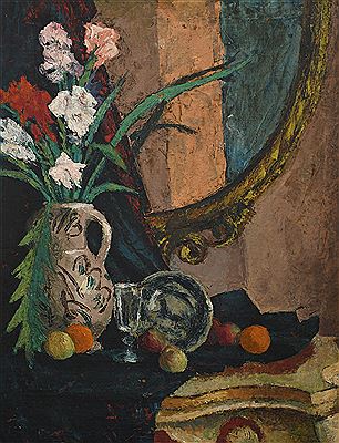 Still life with a jug of flowers, fruit, a glass, and a dish in front of a mirror