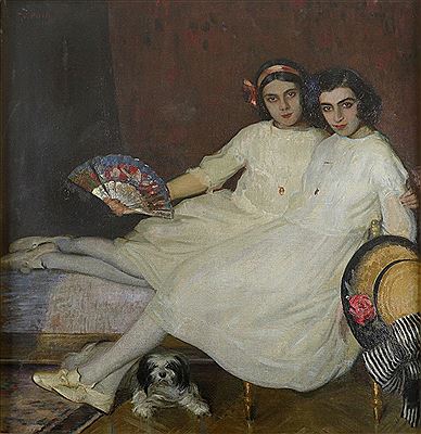 Portrait of two sisters and a dog in an interior