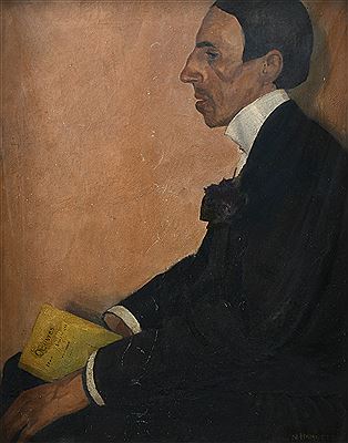 Portrait of Louis McQuilland (1880-1946), seated holding a book