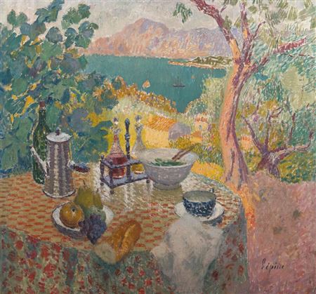 Table and still life in front of the bay of Saint-Tropez