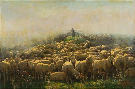 Shepherd with flock