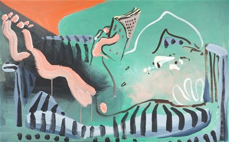 BOY READING ON STRIPED COUCH