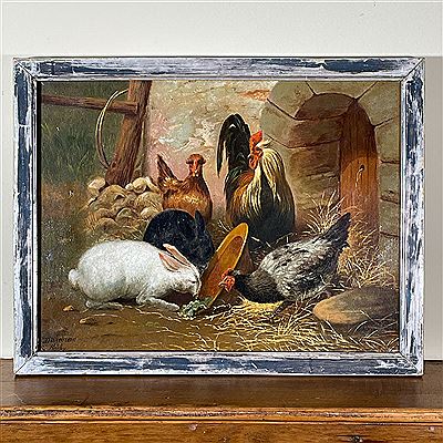 Rabbits in a Barnyard Scene