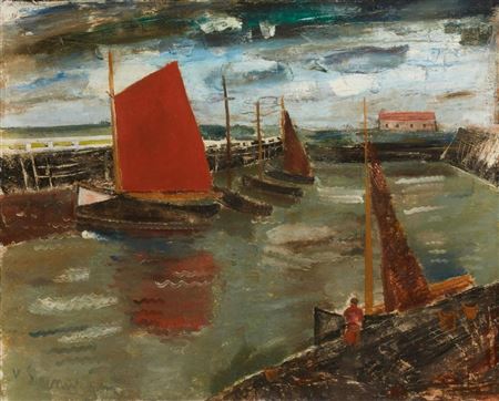 Boat with red sail by Gustave Steenwegen - Auction record, sale price, and art valuation. Compare with similar artists and explore comparable artworks.