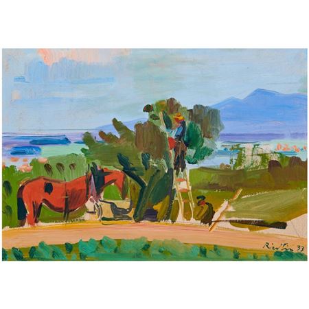 Harvesting farmers with horse and the Blauen in the background.