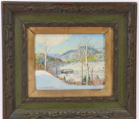 Snowy mountain landscape with covered bridge