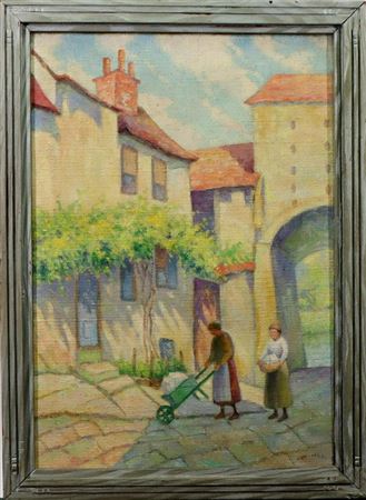 Sunny village scene with a pair of women