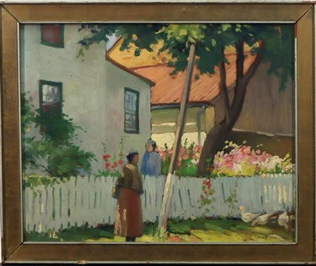 Summer scene with a couple ladies talking with a trio of geese or swans milling about