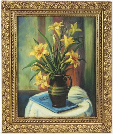 Table top sill life of tiger lilies in a stoneware pitcher