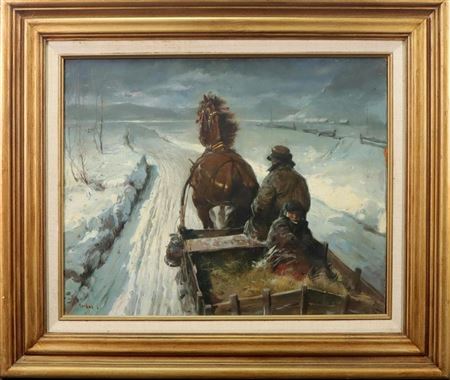 Blustery winter landscape with a horse drawn sleigh