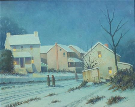Snowy winter nocuturne with evening strollers