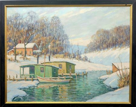 Winter landscape of a snow swept boat house on a stream