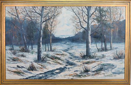 Snow swept landscape with a small brook winding towards are large clearing