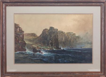 Coastal landscape with a flock of seagulls in flight over the white capped waves