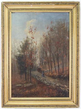 Fall Landscape with a Lone Victorian Woman Walking Down a Tree Lined Path