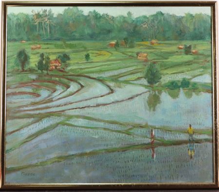 Mirrored landscape of a Balinese rice paddy.